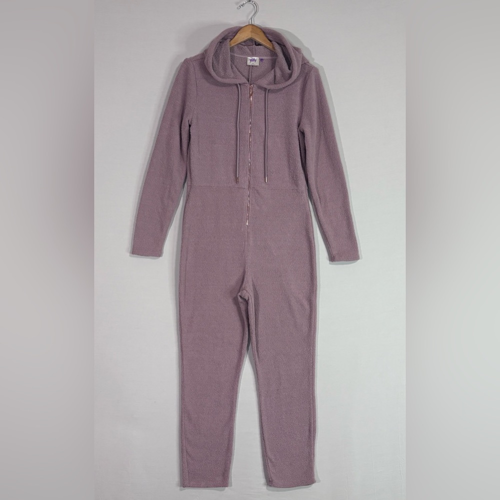 Yitty Teddy Fleece Jumpsuit Mauve Zip Hooded Lounge Cozy Soft Luxe